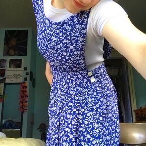 blue and white floral pinafore dress with pockets